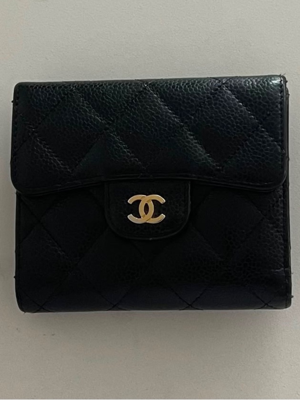 CHANEL Black Quilted Leather Fold Wallet with Gold CC